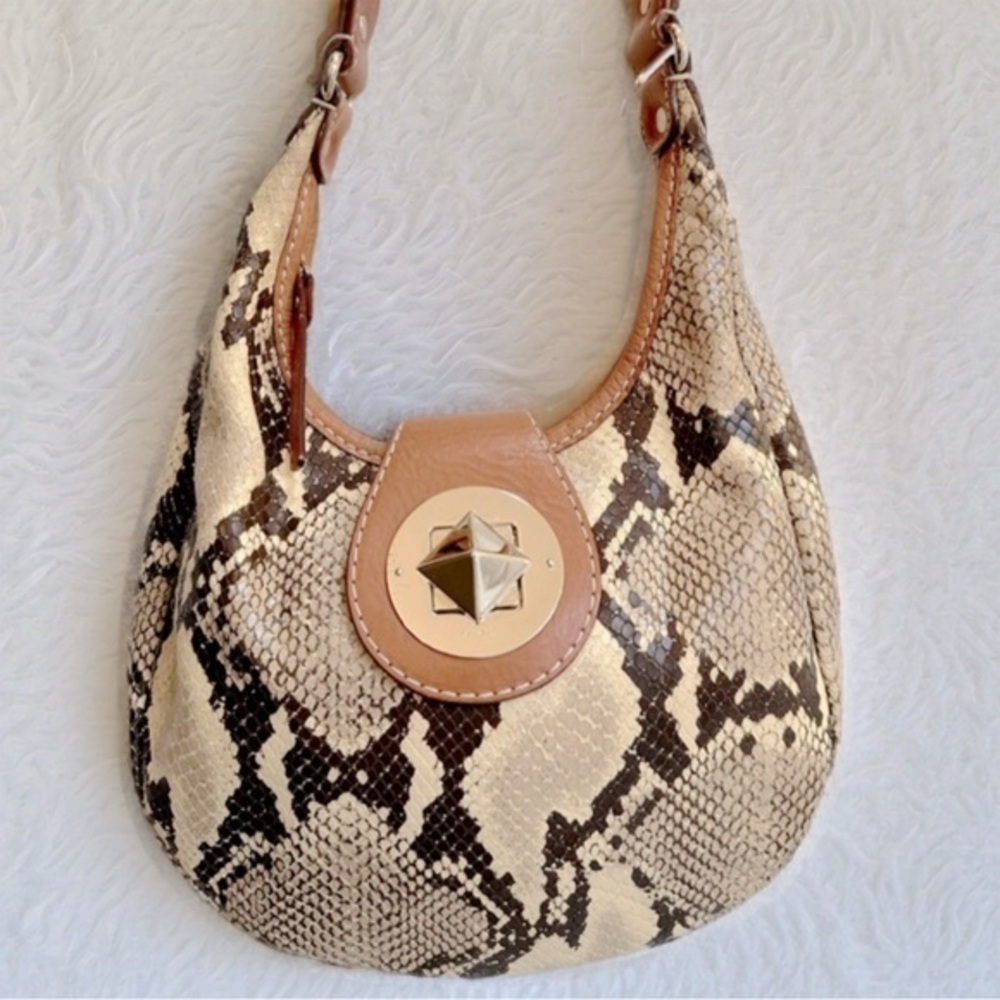 Kate Spade Snake Print Leather Hobo Shoulder Bag Neutral Brown Cream